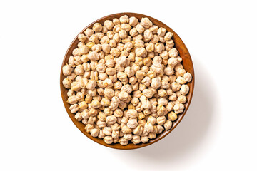 dry chickpeas in wooden bowl isolated on white background Healthy eating, vegetable protein concept Top view Flat lay