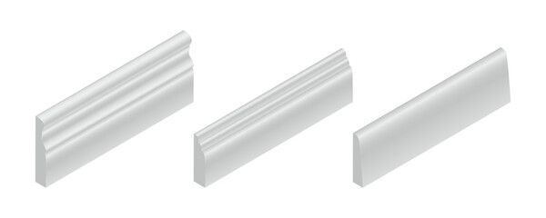 Vector illustration different shapes skirting boards for wall or floor isolated on white background. Set of realistic white baseboard icons in flat cartoon style. Isometric plastic or wood moldings.