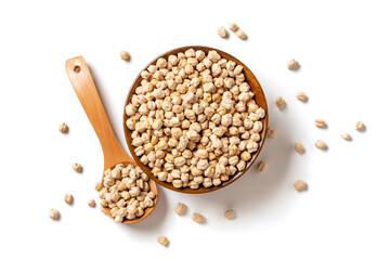 dry chickpeas in wooden bowl isolated on white background Healthy eating, vegetable protein concept Top view Flat lay