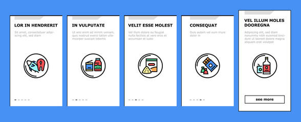 Supermarket Store Onboarding Mobile App Page Screen Vector. Supermarket Cart And Basket, Cash Register And Barcode Scanner, Shop Building And Storage Illustrations