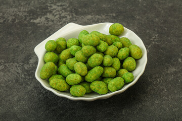 Spicy wasabi peanuts in the bowl