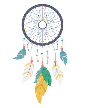 Cartoon Color Dreamcatcher with Different Feathers. Vector