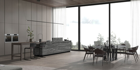 Modern architecture. Luxury minimalism interior design kitchen and dining room. Contemporary island table and chairs, panoramic window view trees, stone floor, wooden ceiling. 3d render illustration.