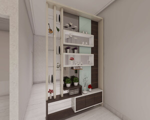 Minimalist and modern wall partition cabinet with accessories rack collection for interior living room