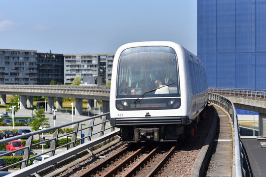 Copenhagen, Denmark - 07.24.19: Driverless Train Of Overground Rapid Metro Arrive Station DR Byen