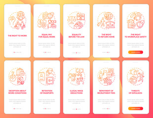 Migrant workers rights red onboarding mobile app page screen with concepts set. Immigration walkthrough 5 steps graphic instructions. UI, UX, GUI vector template with linear color illustrations