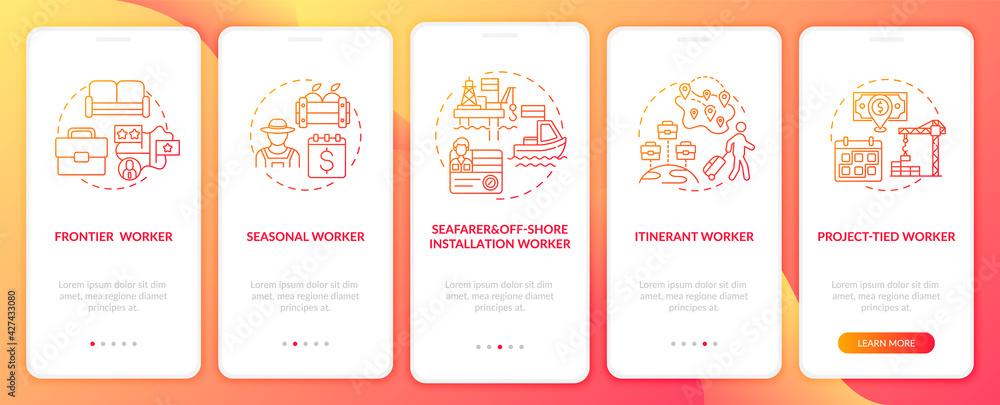 Poster migrant workers types red onboarding mobile app page screen with concepts. immigrants walkthrough 5 