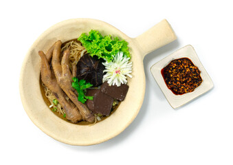 Clay Pot Egg Noodles with Braised Feet Chicken decorate Mushroom