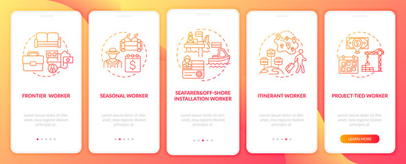Naklejka premium Migrant workers types red onboarding mobile app page screen with concepts. Immigrants walkthrough 5 steps graphic instructions. UI, UX, GUI vector template with linear color illustrations