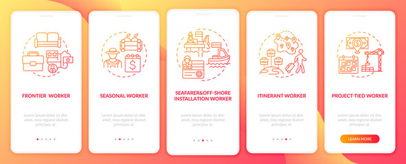 Migrant workers types red onboarding mobile app page screen with concepts. Immigrants walkthrough 5 steps graphic instructions. UI, UX, GUI vector template with linear color illustrations