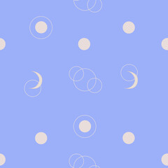 Seamless pattern with moon and circle, blue background, cute pattern, vector