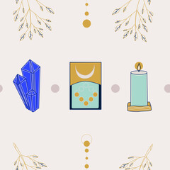 Seamless pattern with tarot, crystal, candle. Mystic Pattern for tarot cards, banners, flyers, posters, brochures, stickers. Esoteric symbols. Hand-drown, vectors, Witchcraft mystic esoteric elements.