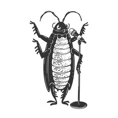 Cartoon singing cockroach with microphone orchestra sketch engraving vector illustration. T-shirt apparel print design. Scratch board imitation. Black and white hand drawn image.