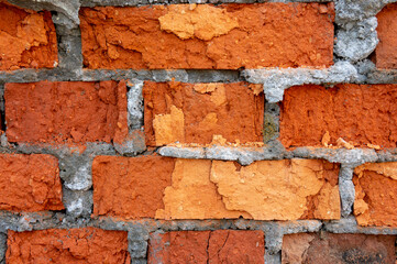 crumbling crumbling red brick wall close-up texture background