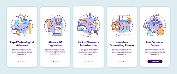 E-waste management challenges onboarding mobile app page screen with concepts. Legislation absence walkthrough 5 steps graphic instructions. UI, UX, GUI vector template with linear color illustrations