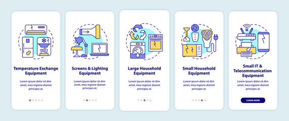 E-waste categories onboarding mobile app page screen with concepts. Large, small equipment walkthrough 5 steps graphic instructions. UI, UX, GUI vector template with linear color illustrations