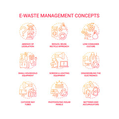 E-waste management concept icons set. Consumer culture idea thin line RGB color illustrations. Screens, lighting equipment. Cathode ray tubes. Household equipment. Vector isolated outline drawings