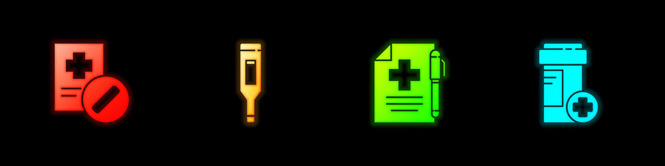 Set Medical prescription, digital thermometer, and pen and Medicine bottle icon. Vector