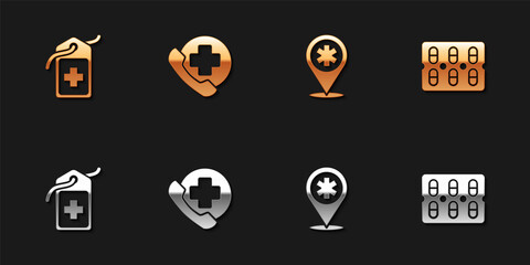 Set Cross hospital medical tag, Emergency phone call to, Map pointer with cross and Pills blister pack icon. Vector