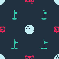 Set Time chess clock, Bowling ball and Golf flag on seamless pattern. Vector