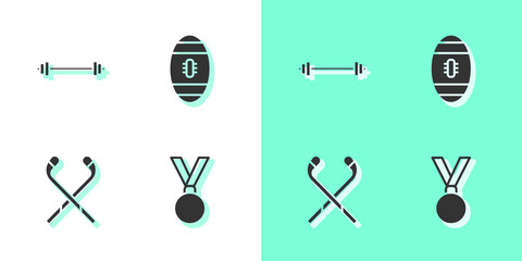 Set Medal, Barbell, Ice hockey sticks and American Football ball icon. Vector