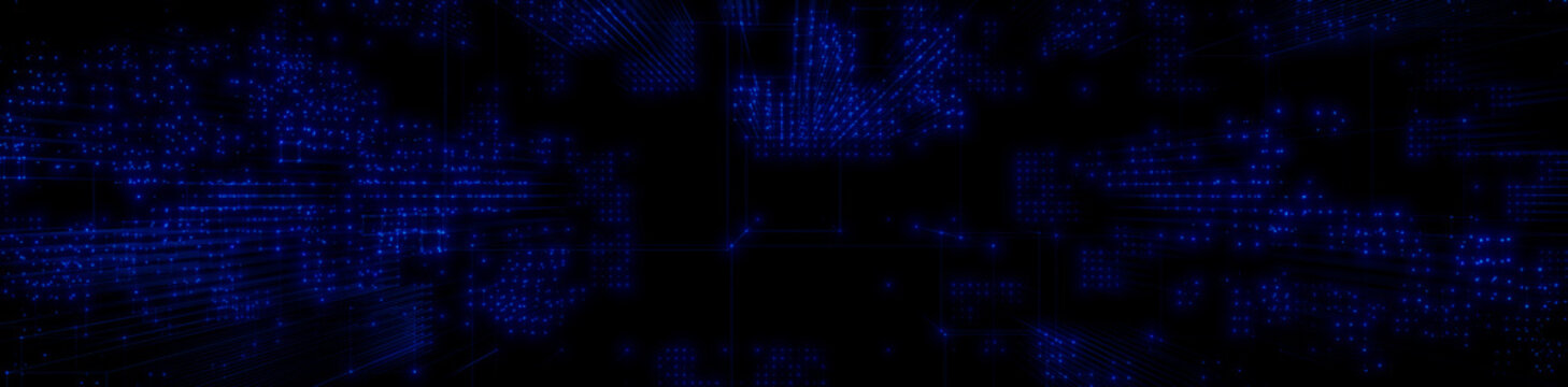 Futuristic, Blue Digital Grid background. Network Tech Wallpaper Banner. 3D Render 