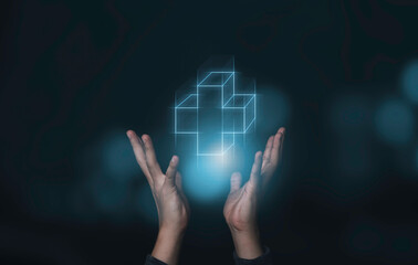 Businessman holding virtual plus sign which it mean positive sign such as more benefit thinking and...