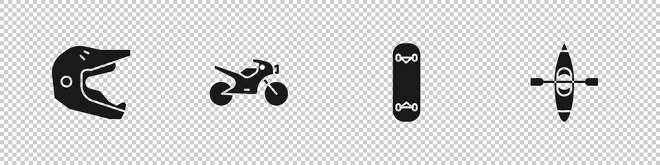 Set Motocross motorcycle helmet, Motorcycle, Skateboard trick and Kayak canoe icon. Vector