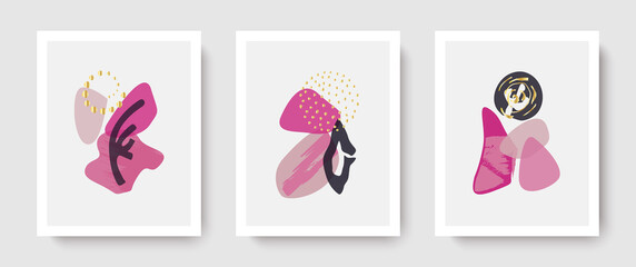 A fashionable abstract set of cards with shapes of various shapes, doodles made of gold.Modern creative hand-drawn background.Interior decoration.