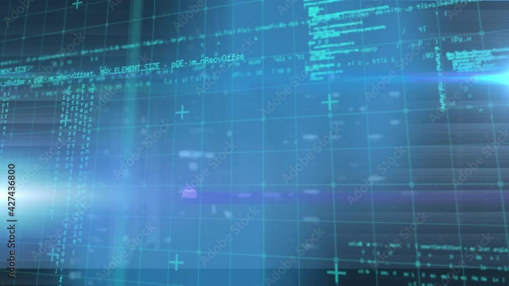 Poster animation of data processing over grid on blue background