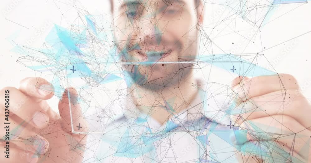 Poster animation of networks of connections over businessman holding interactive screen in background