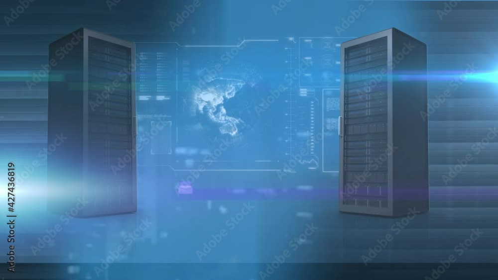 Poster animation of data processing on screen with two computer servers on blue background