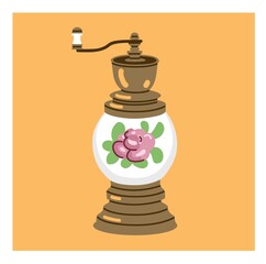 Coffee grinder. Vintage manual pepper mill with flower decor. Classic old-fashioned burr mill for spices and seasonings and coffee beans. Hand-drawn retro flat illustration.