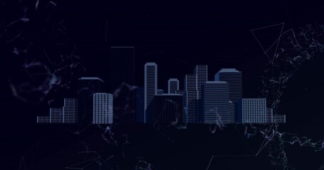 Animation of networks of connections, dna structure and cityscape on blue background - Powered by Adobe