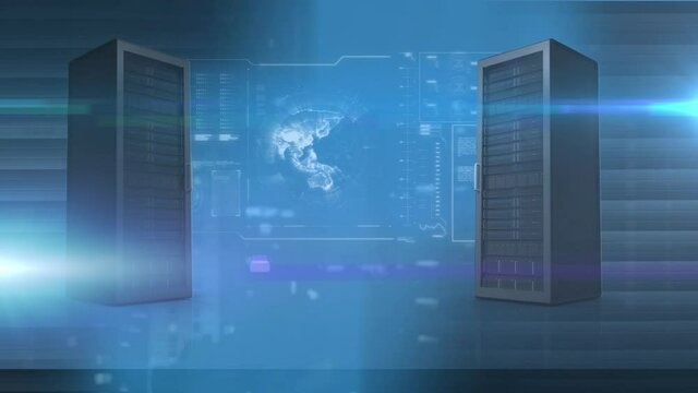 Animation of data processing on screen with two computer servers on blue background