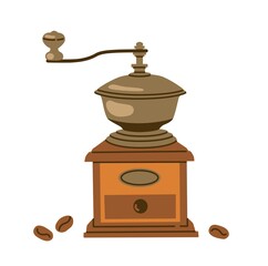 Old-fashioned coffee grinder. Vintage manual pepper mill. Burr mill for coffee beans, seasoning, spices. Classic wooden coffee grinder with handle. Vector illustration.