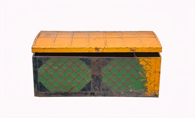 An antique wooden box with rusty metal hardware fittings isolate on white background.