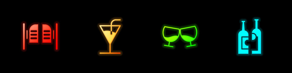 Set Saloon door, Cocktail, Glass of cognac brandy and Bottles wine icon. Vector