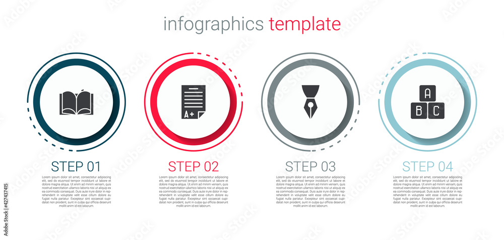 Wall mural set open book, exam sheet with a plus grade, fountain nib and abc blocks. business infographic templ