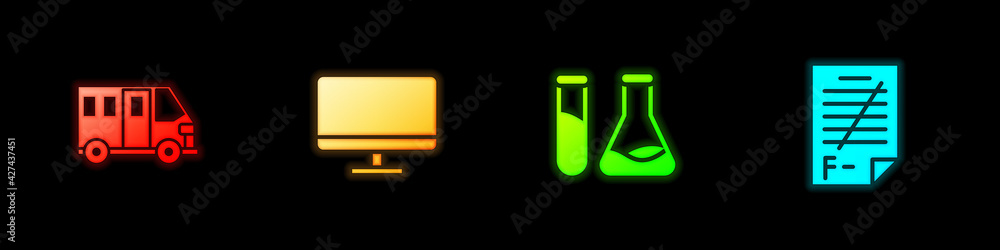 Poster set school bus, computer monitor screen, test tube and flask and exam paper with incorrect answers i