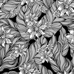 Palm leaves. Flowers. Seamless vector pattern of tropical flowers and leaves. Trendy vector image. Coloring. Antistress.