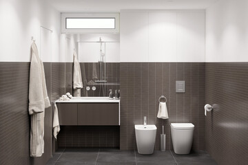 A modern bathroom with a window and a mirror above the sink, a towel between the bidet and the toilet, a bathrobe by the door, gray tiles on the walls and the floor. Front view. 3d render