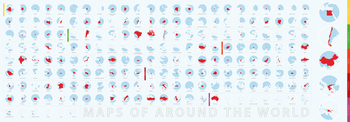 Set of circular maps of the world, blue map with highlighted country in red color.