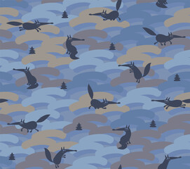 Seamless pattern with silhouettes of funny cartoon foxes on a multi colored camouflage background
