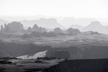 Eroded mountains in the haze of the desert of Al Ula, Saudi Arabia - 427437855
