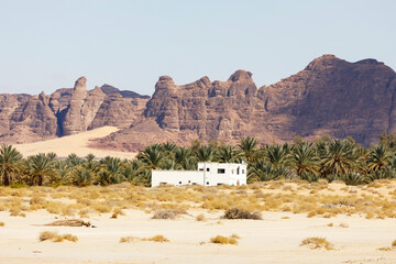 Landscape with withe house near Al Ula, Saudi Arabia with date palms