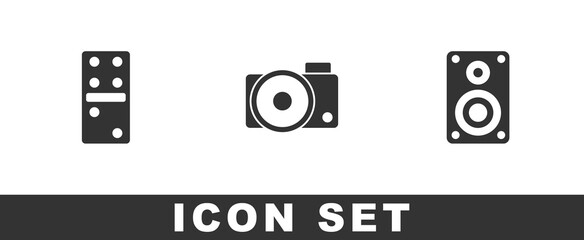 Set Domino, Photo camera and Stereo speaker icon. Vector