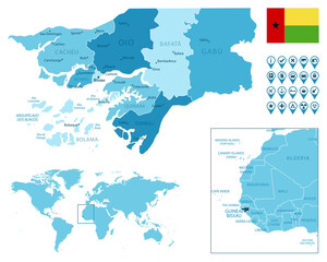 Guinea-Bissau detailed administrative blue map with country flag and location on the world map.