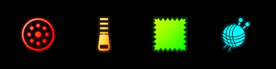 Set Sewing button, Zipper, Leather and Yarn ball with knitting needles icon. Vector