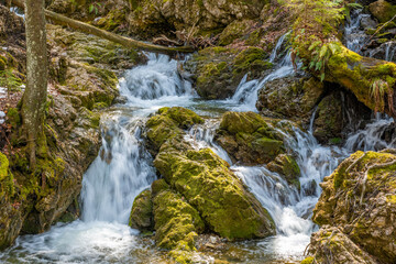 Scenic landscape of the Josefstaler waterfalls close to lake Schliersee, Bavaria, Germany